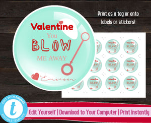 Valentine's Day Tag, Editable Valentine Sticker, Bubbles Valentine Gift, Kid Valentine, You Blow Me Away, Valentines Gift Label, Printable