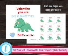 Load image into Gallery viewer, Editable Valentine Tag, Printable Valentine&#39;s Day Sticker, Valentines Gift Label, Kids Valentine, Valentine You Are Dinomite, Valentines Day