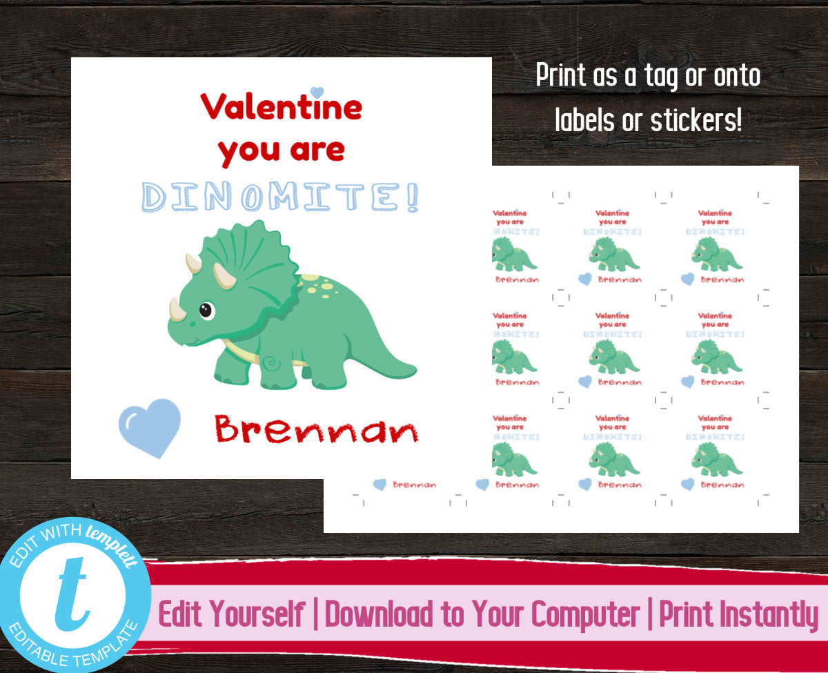 Editable Valentine Tag, Printable Valentine's Day Sticker, Valentines Gift Label, Kids Valentine, Valentine You Are Dinomite, Valentines Day