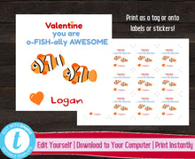 Load image into Gallery viewer, Fish Valentine&#39;s Day Tags, Printable Valentine&#39;s Day Sticker, Valentines Gift Label, Printable Kids Valentine, O-FISH-ally Awesome, Gift Tag