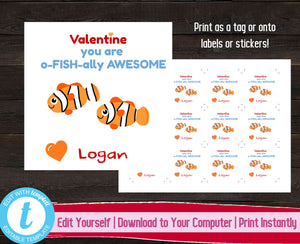 Fish Valentine's Day Tags, Printable Valentine's Day Sticker, Valentines Gift Label, Printable Kids Valentine, O-FISH-ally Awesome, Gift Tag