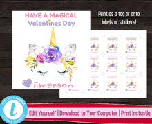 Load image into Gallery viewer, Unicorn Valentine&#39;s Day Tags, Printable Valentine Gift Label, Valentine&#39;s Day Stickers, Kids Valentine Tag, Have a Magical Valentine&#39;s Day