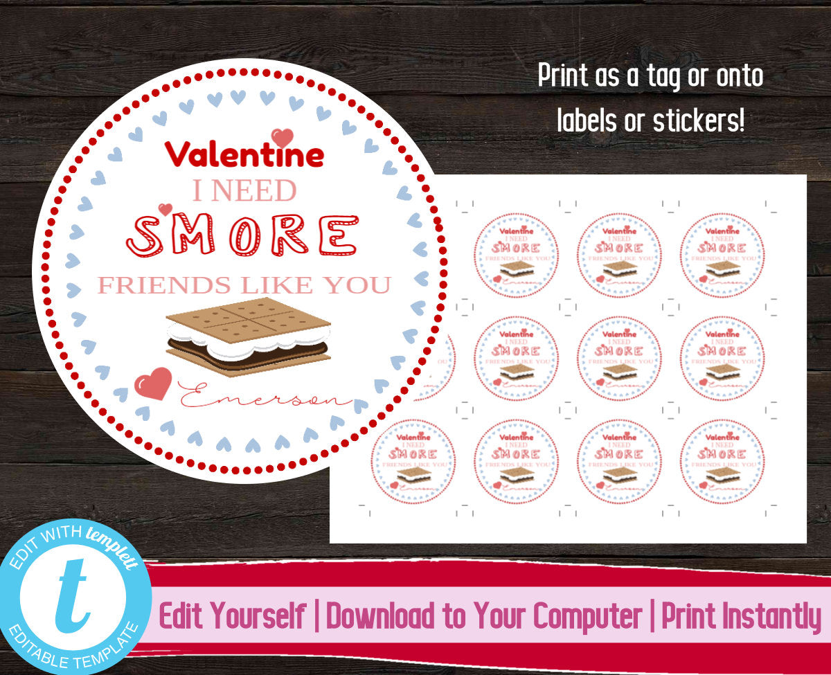 S'more Valentine's Day Label, Printable Valentine Sticker, Valentines Gift Label, Printable Kids Valentine, I Need S'more Friends Like You