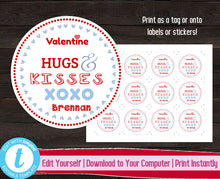 Load image into Gallery viewer, Valentine&#39;s Day Chocolate Hugs and Kisses Gift Tag, Printable Valentine Label, Valentines Day Gift, Printable Kids Valentine, Gift Stickers