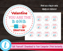 Load image into Gallery viewer, Editable Valentine&#39;s Day Tag, Kids Valentine&#39;s Day Stickers, Valentines Gift Label, Kids Valentine, Classroom Valentines, Bath Bomb Gift Tag