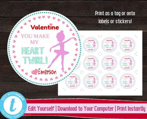 Ballerina Valentine's Day Tags, You Make My Heart Twirl Valentine Sticker, Ballet Valentine Gift Label, Printable Kids Valentines Day Tags