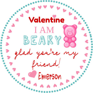 Printable Valentine's Day Gift Tags, Bear Valentines Day Sticker,  Kids Valentine's Day Gift Label, Beary Glad You're My Friend, Gummy Bear