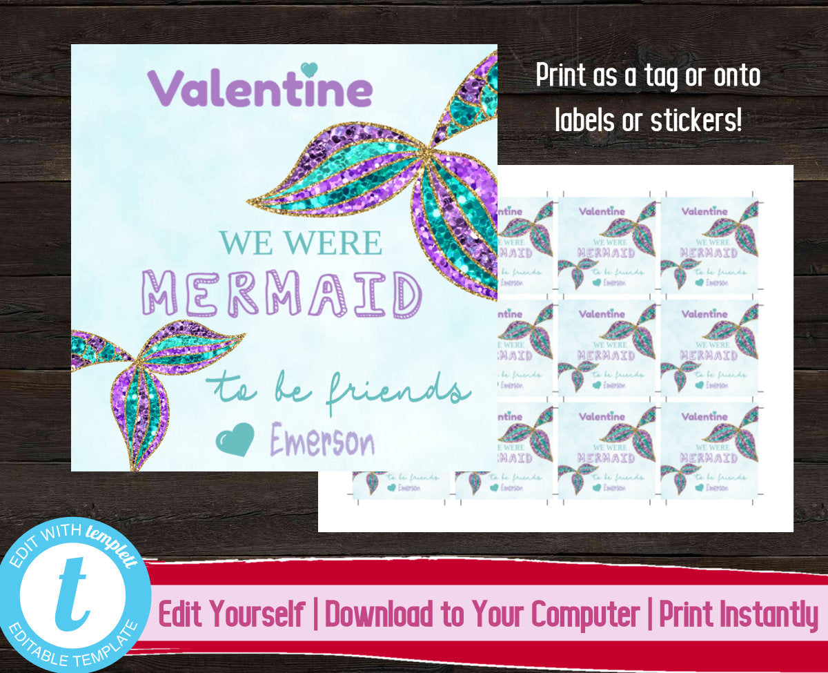 Mermaid Valentine's Day Tag, Glitter Valentines Day Sticker, Kids Valentine's Day Gift Label, We Were Mermaid to be Friends, Mermaid Tail