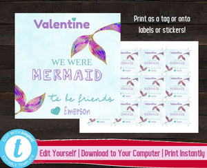 Mermaid Valentine's Day Tag, Kids Valentines Day Stickers, Printable Valentine's Day Gift Label, We Were Mermaid to be Friends, Mermaid Tail