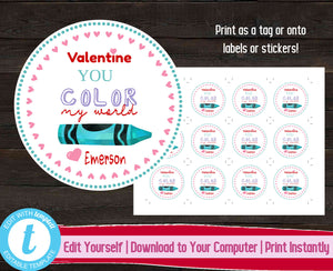 Editable Valentine's Day Tag, Kids Valentines Day Stickers, Crayon Valentine's Day Gift Label, You Color My World, Printable Kids Gift Tag