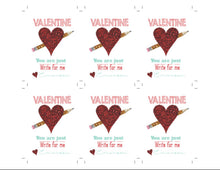 Load image into Gallery viewer, Printable Valentine&#39;s Day Tag, Glitter Valentines Day Stickers, Pencil Valentine Label, Kids Valentines, You Are Just Write For Me, Heart