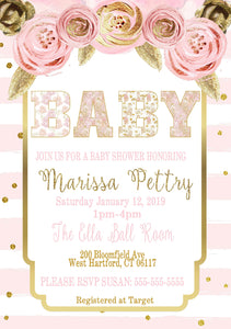 Girls Floral Baby SHower invitation, Shabby chic Baby SHower, FLoral Invitation, Water Color, Pink Gold BABY Shabby chic, Digital