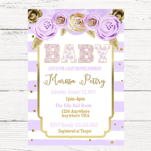 Girls Floral Baby SHower invitation, Shabby chic Baby SHower, FLoral Invitation, Water Color, Pink Gold BABY Shabby chic, Digital