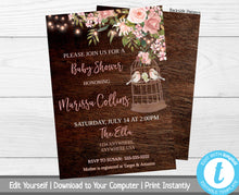 Load image into Gallery viewer, Bird Baby Shower Invitation, Rustic Floral Baby Shower Invite, Printable Baby Shower Invite, Invitation Template,  Bird, Girl Baby Invite