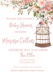 Bird Baby Shower Invite, Rustic Baby Shower, Floral Baby Shower, Printable Baby Shower Invitation, Invitation Template, Girl Baby Invite