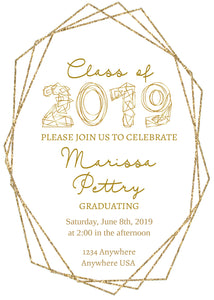 Graduation Invitation, Graduation Party Invite, Graduation Announcement, Gold, Geometric, Printable Party Invite, Class of 2019, Glitter