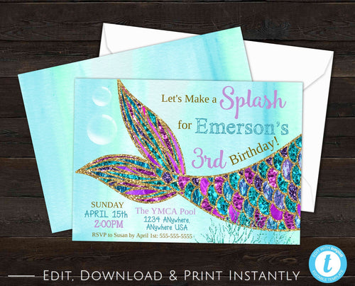 Mermaid Invitation, Mermaid Birthday Invitation, Mermaid Party, Under the Sea Invitation, Mermaid Tail, Mermaid Party Invitation, Printable
