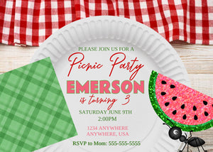 Picnic Party Invitation, Picnic Birthday Party, Printable Birthday Party Invite, Invitation Template, Checkers, Watermelon Invite, Editable