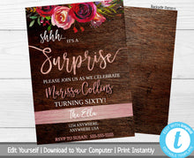 Load image into Gallery viewer, Floral Surprise Birthday Party Invite, Rustic Wood Surprise Party Invite, Birthday Party Invitation, Shh It&#39;s A Surprise, Milestone Birthday