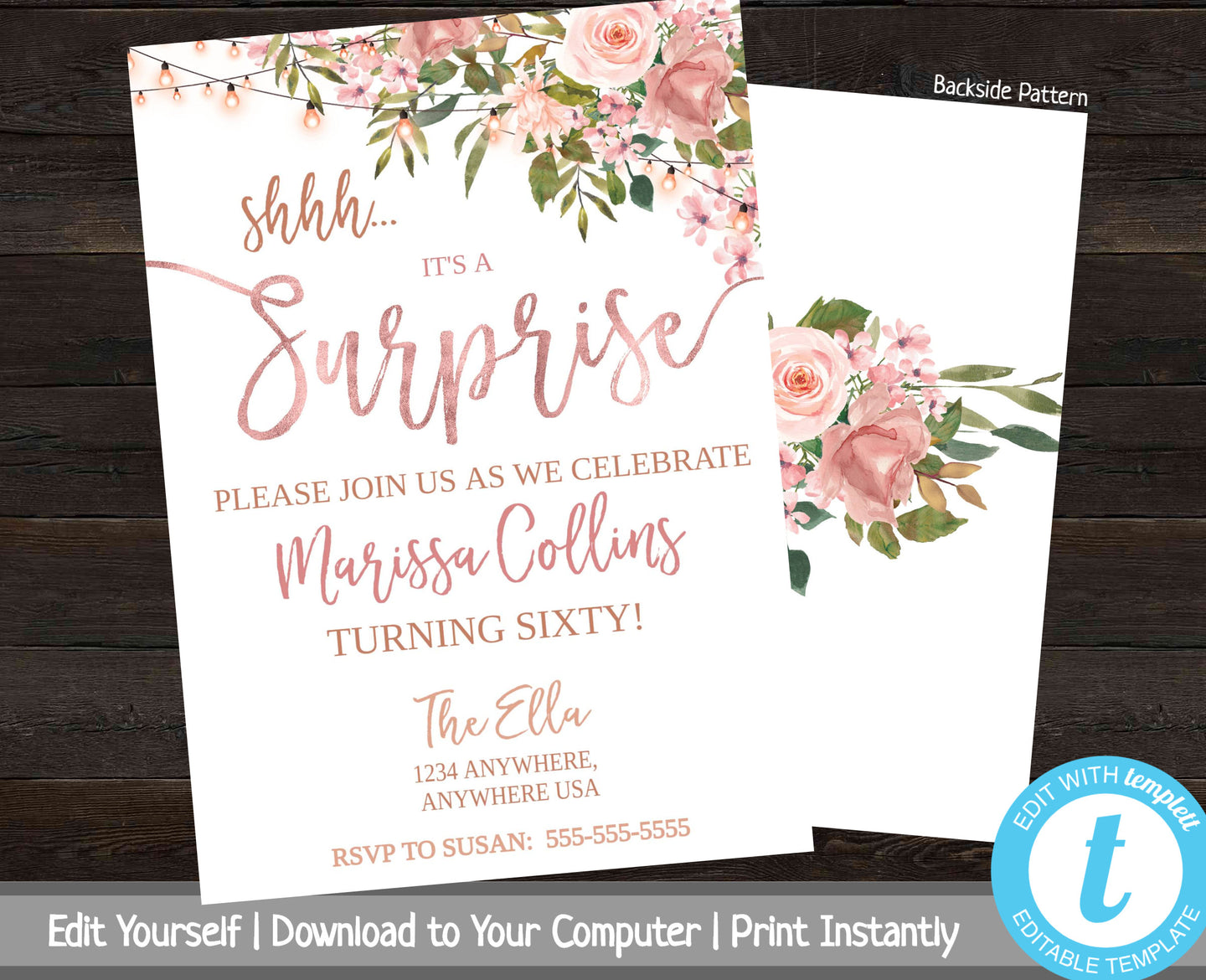 Shhh It's A Surprise, Floral Birthday Party Invitation, Rustic Surprise Party Invite, Surprise Birthday Party Invitation, Milestone Birthday