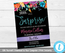 Load image into Gallery viewer, Fiesta Birthday Invite, Shhh It&#39;s A Surprise, Surprise Birthday Party Invite, Floral Surprise Party Invitation, Milestone Bday, Printable