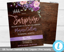 Load image into Gallery viewer, Shhh It&#39;s A Surprise, Surprise Party Invite, Floral Birthday Party Invitation, Surprise Birthday Invitation, Milestone Birthday, Rustic Wood