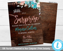 Load image into Gallery viewer, Floral Surprise Bday Party Invite, Rustic Birthday Party Invitation, Shhh It&#39;s A Surprise Birthday Invite, Milestone Birthday, Rustic Wood