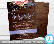Load image into Gallery viewer, Shh It&#39;s A Surprise Birthday Invite, Rustic Bday Invite, Floral Surprise Party Invitation, Milestone Birthday, Rustic Wood, Printable Invite