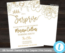 Load image into Gallery viewer, Gold Floral Surprise Party Invite, Surprise Birthday Party Invitation, Shhh It&#39;s A Surprise Birthday Invite, Milestone Bday, Glitter, Foil