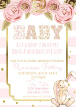 Load image into Gallery viewer, Pink and Gold Baby Shower Invite, Bunny Baby Shower, Floral Baby Shower Invitation, Printable Shower Invite, Gold Glitter, Girl Baby Invite