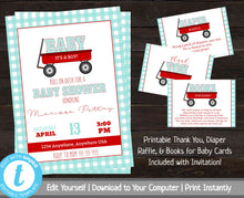 Load image into Gallery viewer, Red Wagon Baby Shower Invitation Bundle, Printable Baby Shower Invites, Checkered Baby Shower Invite Set, Baby Shower Invitation Package