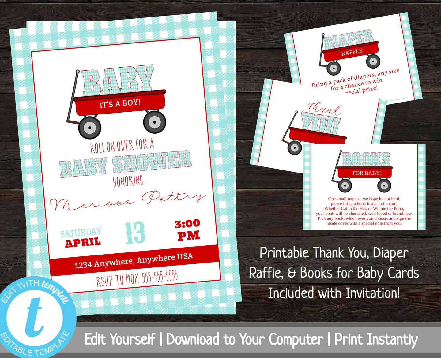 Red Wagon Baby Shower Invitation Bundle, Printable Baby Shower Invites, Checkered Baby Shower Invite Set, Baby Shower Invitation Package