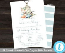 Load image into Gallery viewer, Woodland Animals Baby Shower Invitation, Fox Baby Shower Invite, Floral Baby Shower Invite, Printable Invitation Template, It&#39;s a Boy, Blue