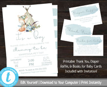 Load image into Gallery viewer, Animal Baby Shower Invitation Package, Boy Baby Shower Invitation Set, Woodland Animal Shower, Floral Baby Shower Bundle, Printable, Fox