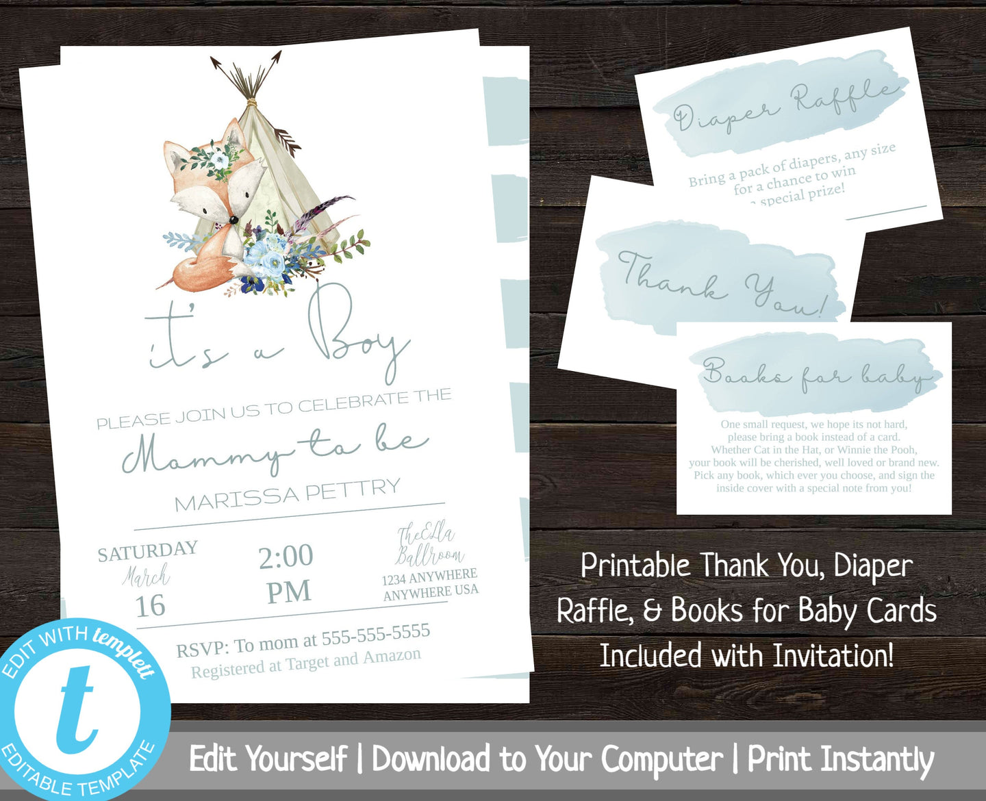 Animal Baby Shower Invitation Package, Boy Baby Shower Invitation Set, Woodland Animal Shower, Floral Baby Shower Bundle, Printable, Fox