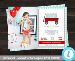 First Birthday Party Invite with Photo, Red Wagon Birthday Party Invitation, Photo Birthday Invite, Turning One, Roll On By, Teal Checkers