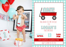 Load image into Gallery viewer, First Birthday Party Invite with Photo, Red Wagon Birthday Party Invitation, Photo Birthday Invite, Turning One, Roll On By, Teal Checkers