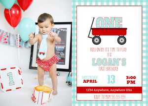 First Birthday Party Invite with Photo, Red Wagon Birthday Party Invitation, Photo Birthday Invite, Turning One, Roll On By, Teal Checkers