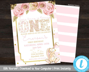 Some Bunny is Turning One Birthday Party Invite, Baby Girl 1st Birthday, Pink and Gold, Floral First Birthday Party Invitation Turning One