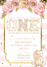 Load image into Gallery viewer, Some Bunny is Turning One Birthday Party Invite, Baby Girl 1st Birthday, Pink and Gold, Floral First Birthday Party Invitation Turning One