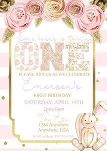 Some Bunny is Turning One Birthday Party Invite, Baby Girl 1st Birthday, Pink and Gold, Floral First Birthday Party Invitation Turning One