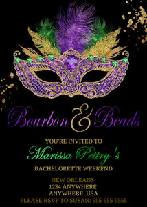 Mardi Gras Bachelorette Party Invitation, Bourbon and Beads, Bachelorette Weekend Invite, Bachelorette Party Invite, Masquerade Party Invite