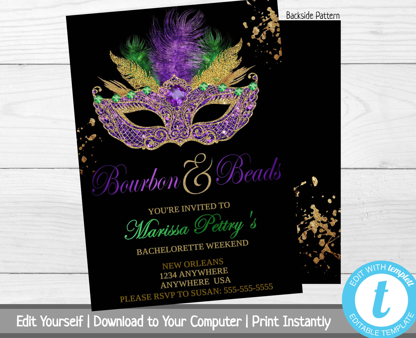 Mardi Gras Bachelorette Party Invitation, Bourbon and Beads, Bachelorette Weekend Invite, Bachelorette Party Invite, Masquerade Party Invite