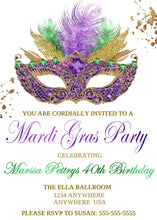 Load image into Gallery viewer, Mardi Gras Party Invite, Birthday Party Invitation, Mardi Gras Bday Party, Masquerade Birthday Party Invite, Milestone Birthday Invitation