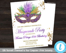 Load image into Gallery viewer, Masquerade Birthday Ball Invite, Birthday Party Invitation, Masquerade Birthday Invitation, Mardi Gras, Milestone Birthday, 30th, 40th, 50th