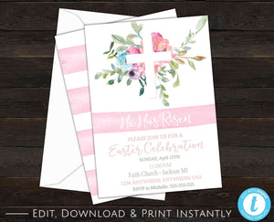 Easter Invitation, Religious Easter, He Has Risen, Easter Celebration Invitation, Easter Party Invitation, Easter Brunch, Floral Invitation