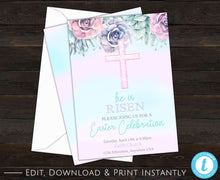 Load image into Gallery viewer, He Is Risen, Easter Invitation, Religious Easter, Easter Celebration Invitation, Succulents, Easter Brunch, Pastel Invitation, Watercolor