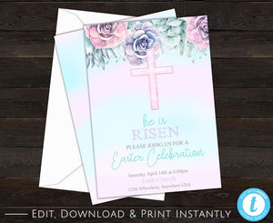 He Is Risen, Easter Invitation, Religious Easter, Easter Celebration Invitation, Succulents, Easter Brunch, Pastel Invitation, Watercolor