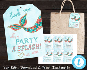 Printable Mermaid Favor Tags, Mermaid Thank You Tag, Mermaid Party, Mermaid Labels, Mermaid Birthday, Coral and Teal, Mermaid Tail, Stickers