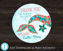 Load image into Gallery viewer, Mermaid Thank You Stickers, Printable Favor Tags, Mermaid Party Tag, Mermaid Party, Mermaid Thank You Tags, Mermaid Labels, Mermaid Birthday